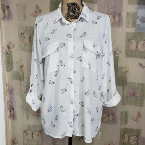 Off-white owl print tab roll sleeve chiffon blouse